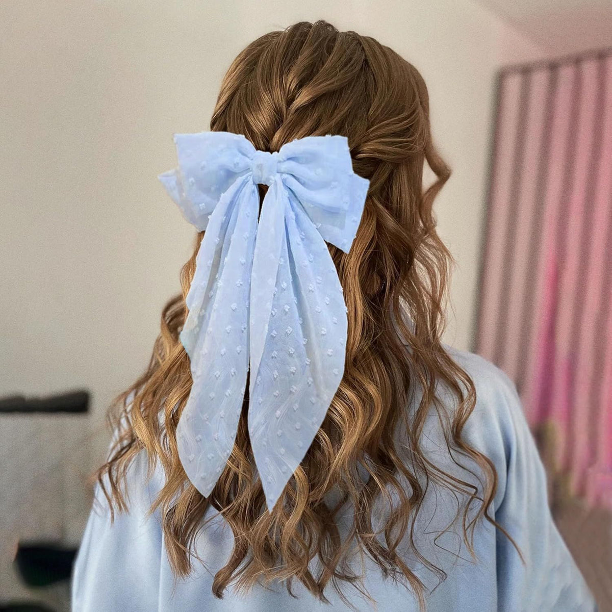 8 Inch Hair Bows Barrettes for Women & Girls Large Satin Bow Hair Clip with Long Tail - Elegant Hair Ribbon for French Stylish Looks -Chic Soft Cloth Oversized Bows Hair Accessories (Blue)