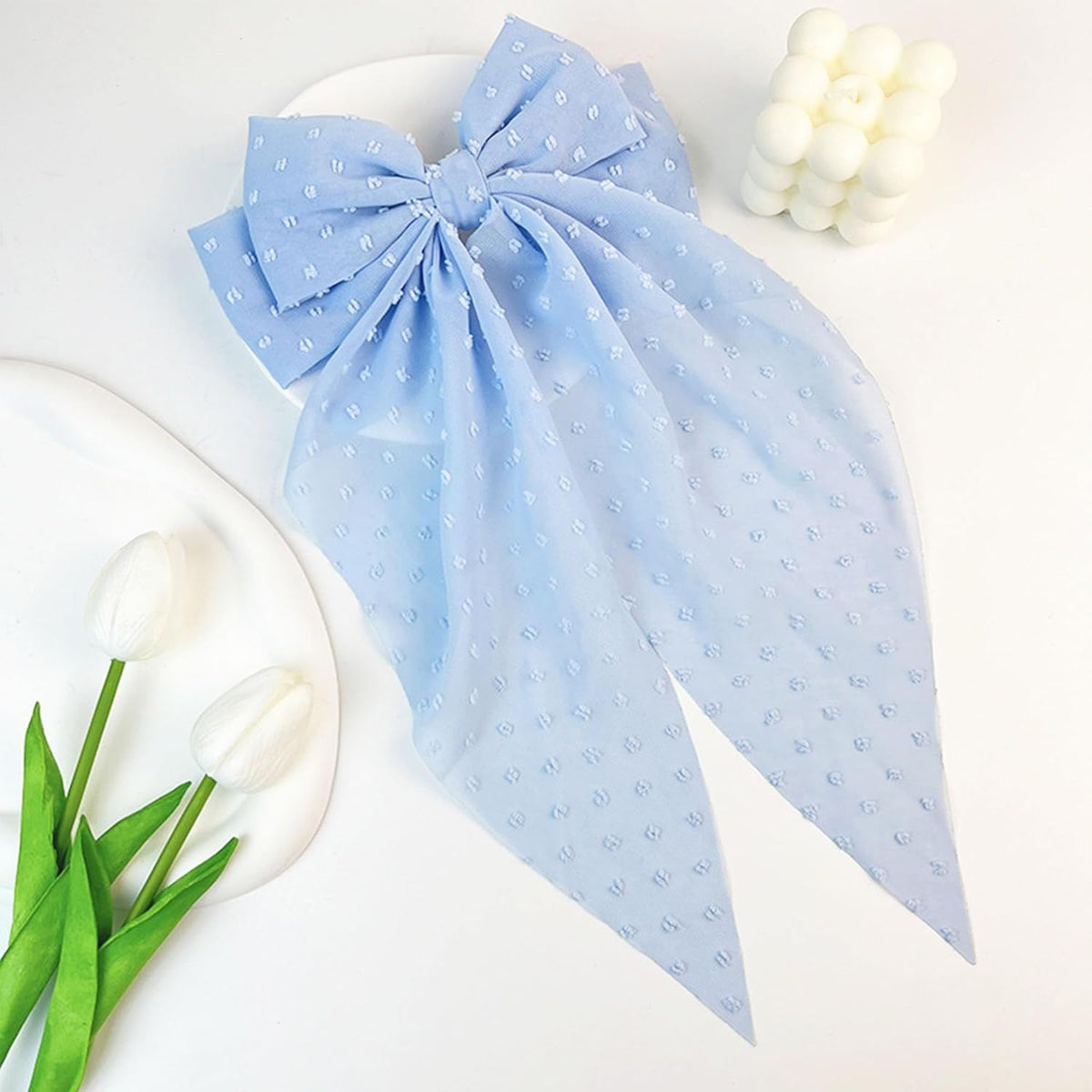 8 Inch Hair Bows Barrettes for Women & Girls Large Satin Bow Hair Clip with Long Tail - Elegant Hair Ribbon for French Stylish Looks -Chic Soft Cloth Oversized Bows Hair Accessories (Blue)