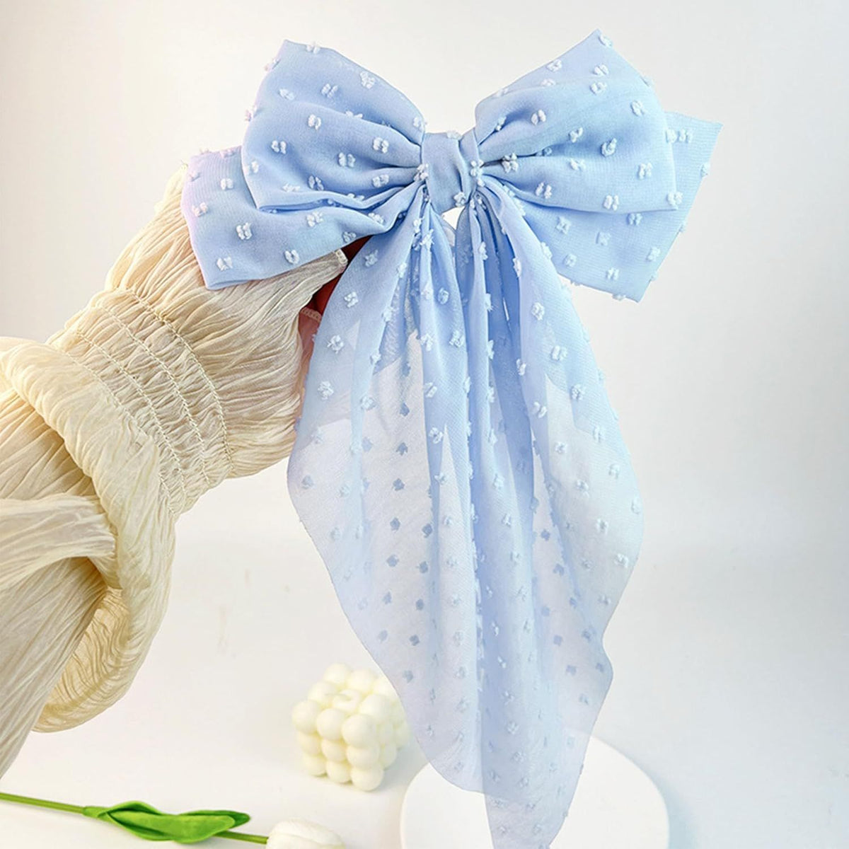 8 Inch Hair Bows Barrettes for Women & Girls Large Satin Bow Hair Clip with Long Tail - Elegant Hair Ribbon for French Stylish Looks -Chic Soft Cloth Oversized Bows Hair Accessories (Blue)