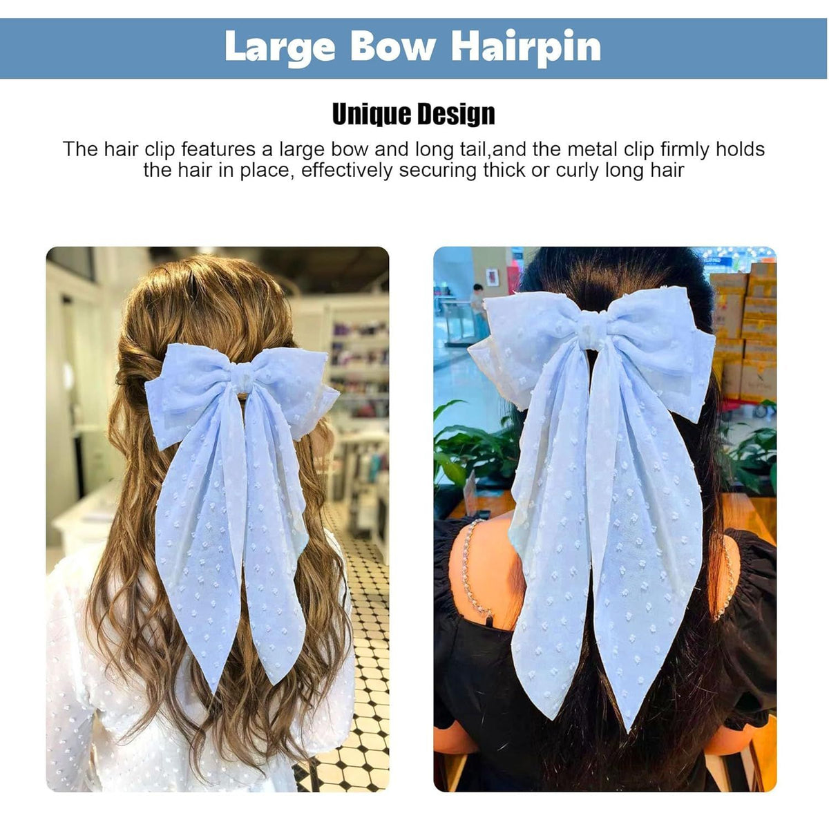 8 Inch Hair Bows Barrettes for Women & Girls Large Satin Bow Hair Clip with Long Tail - Elegant Hair Ribbon for French Stylish Looks -Chic Soft Cloth Oversized Bows Hair Accessories (Blue)