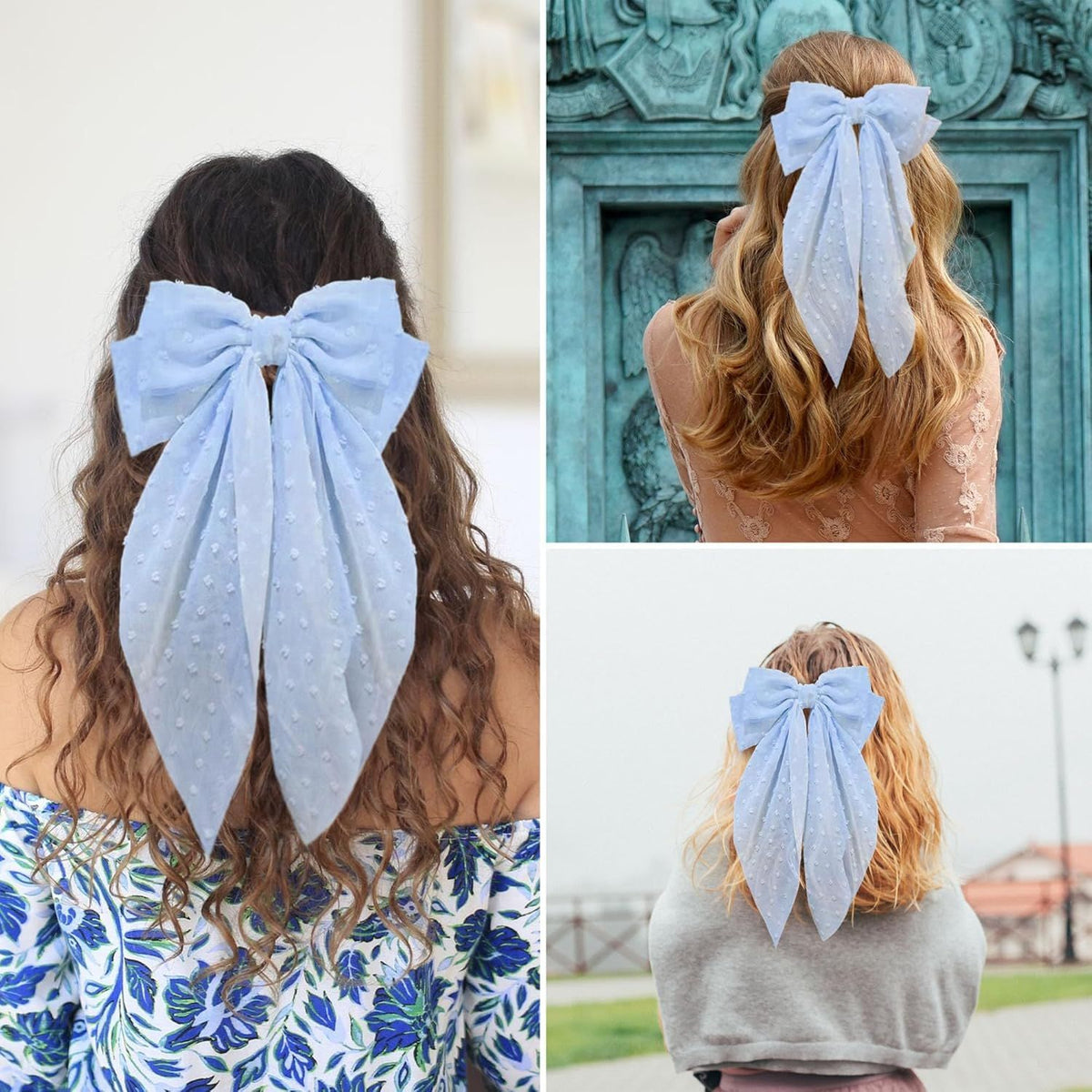 8 Inch Hair Bows Barrettes for Women & Girls Large Satin Bow Hair Clip with Long Tail - Elegant Hair Ribbon for French Stylish Looks -Chic Soft Cloth Oversized Bows Hair Accessories (Blue)