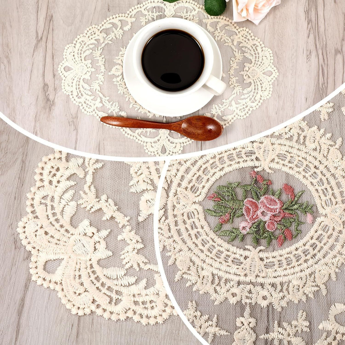 2PCS Lace Doilies for Tables, Lace Placemats Doilies for Tables Beige Embroidered Cup Mats Table Mats, Elegant and Retro for Desktop Decoration, Heat Insulation