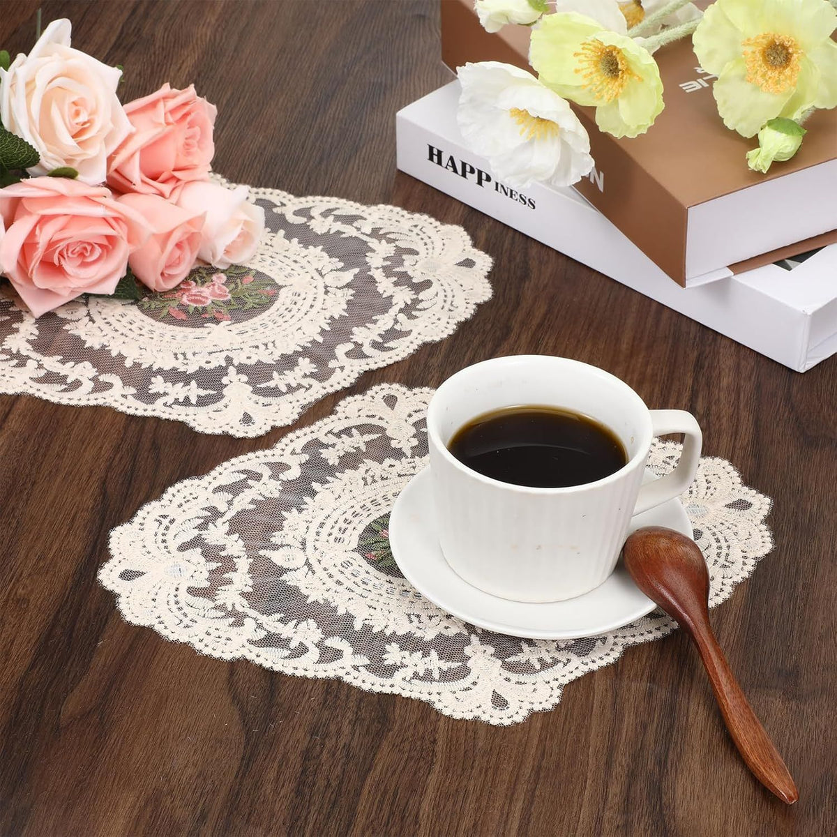 2PCS Lace Doilies for Tables, Lace Placemats Doilies for Tables Beige Embroidered Cup Mats Table Mats, Elegant and Retro for Desktop Decoration, Heat Insulation