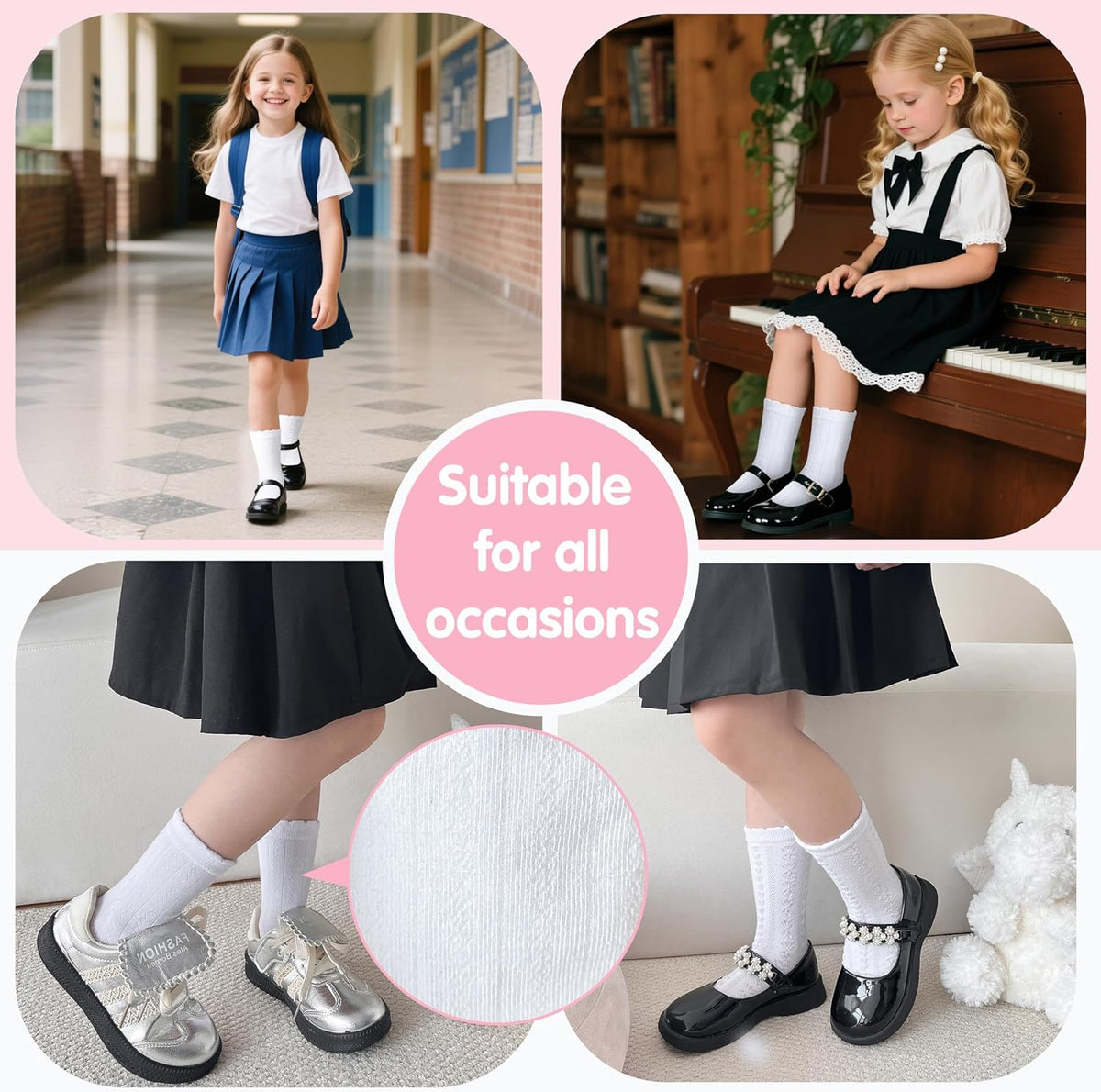 Girls Kids Ruffle Socks Uniform School Dress Crew Cotton Textured Breathable Socks 6 Pairs