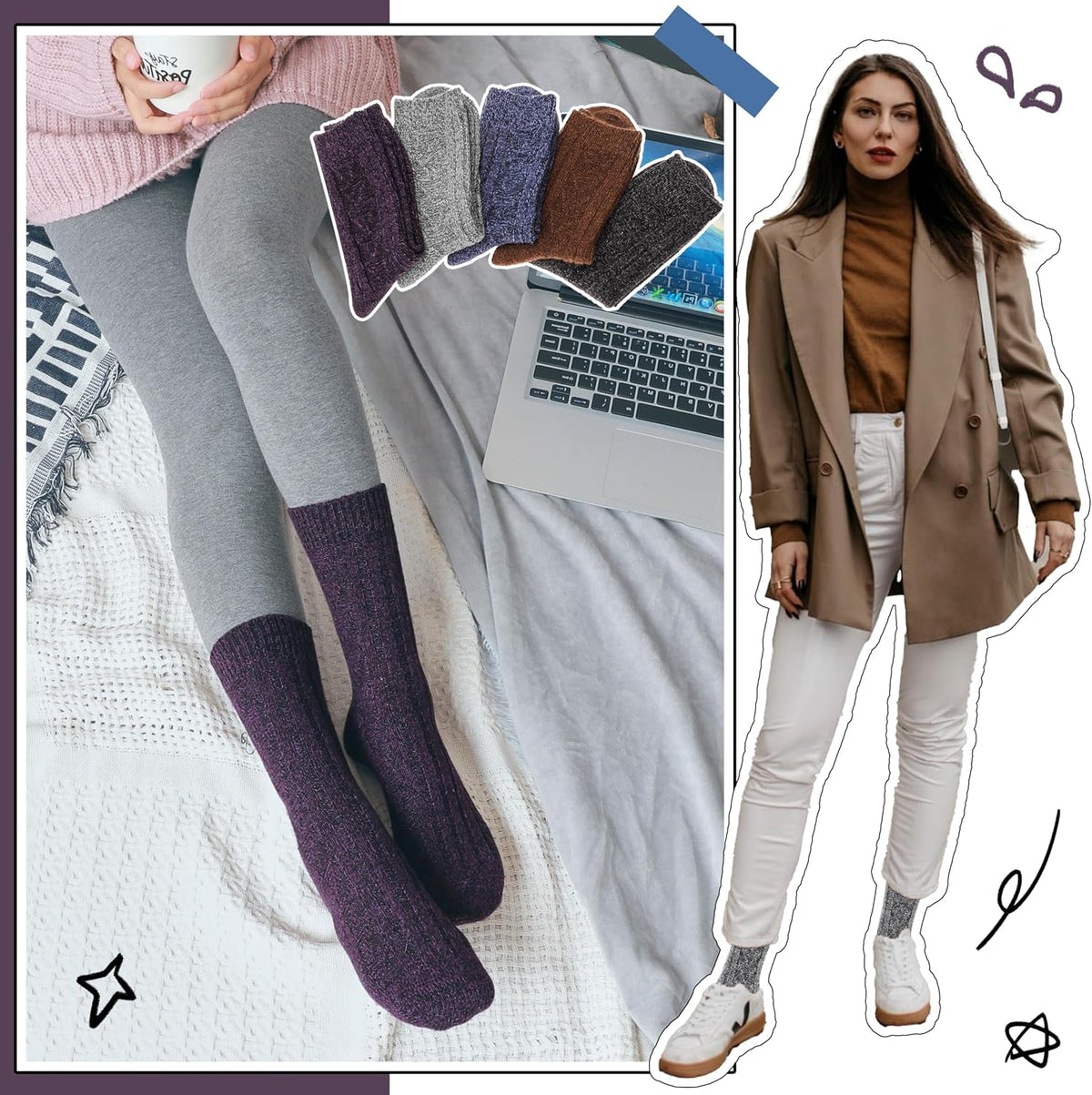5 Pairs Merino Wool Socks for Women Thermal Warm Thick Winter Hiking Knit Cozy Crew Duty Work Soft Socks for Ladies