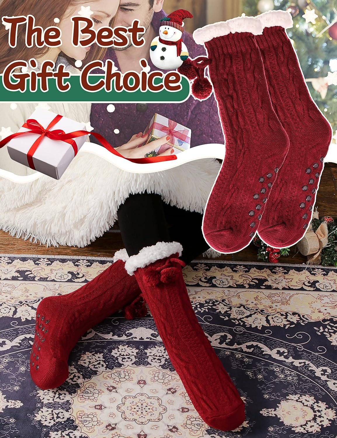 Slipper Fuzzy Socks for Women Fluffy Cozy Cabin Winter Warm Soft Fleece Comfy Thick Christmas Stocking Stuffer with Grips(Red)