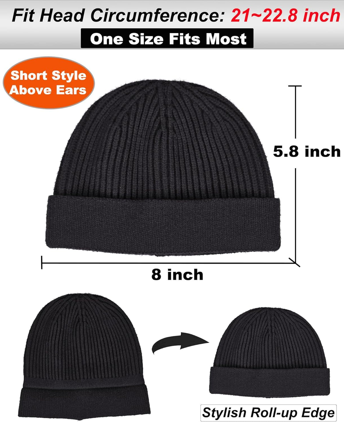Thin Wool Fisherman Beanie for Men Women, Short Knit Cuff Trawler Watch Hats