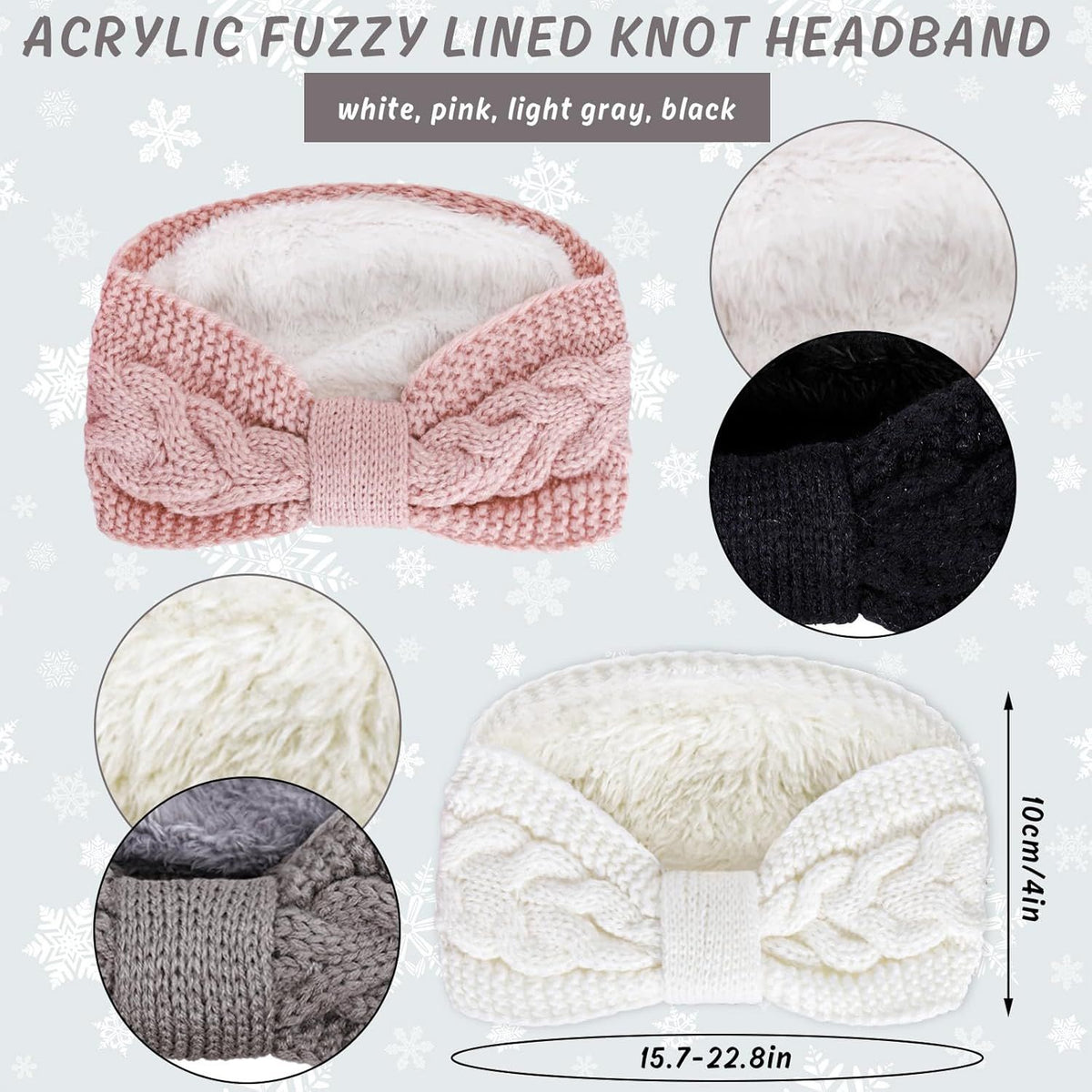 4 Pack Twisted Knit Headbands Winter Knotted Head Wraps Fuzzy Lined Headband Thick Crochet Turban Ear Warmer Elastic Hair Band Accessories for Women (White, Pink, Black, Grey)