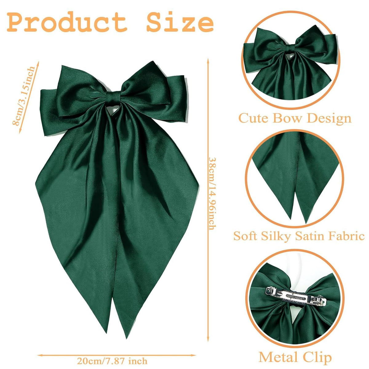 Green Hair Bows for Women Girl, Big Bow Hair Clips, Silky Satin Bows Oversized Long Tail with Clips Barrettes Big Bowknot Hair, St. Patrick's Day Party Accessories