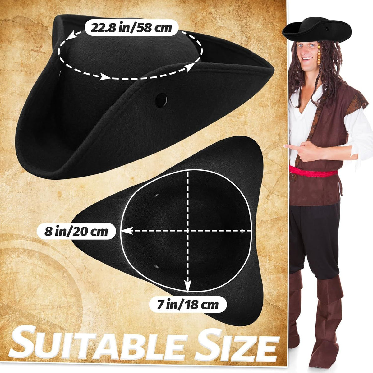 Pirate Hat for Men Women,Pirate Costume Accessories Hat,Colonial Triangle Hat for Halloween,Dress Up Party