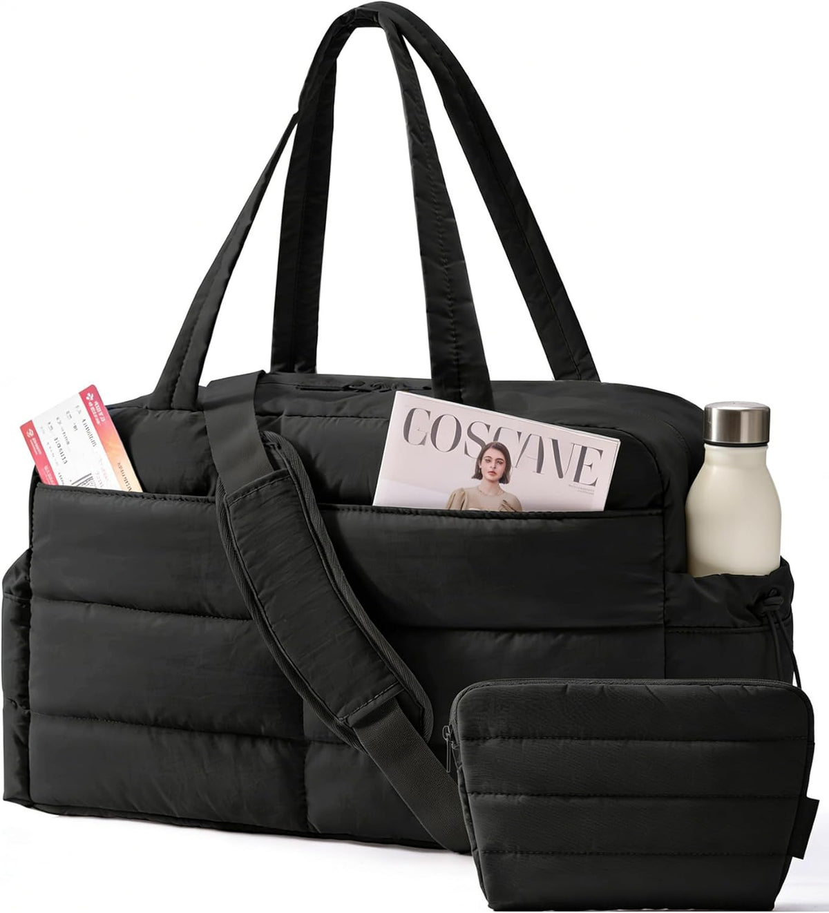 Gym Bag for Women, Lightweight Puffer Duffle Bag 2-PC Travel Bag, 31L Weekender Overnight Bag Quilted Carry On Tote Bag, Diaper Hospital Dance bag for Travel, Gym, Water Resistant, Black