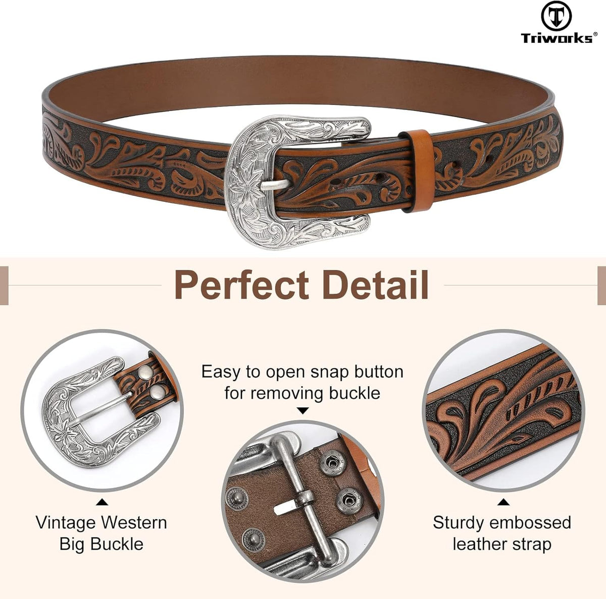 Western Belt for Women Men Cowgirl Cowboy Floral Engraved Tooled Leather Belt with Buckle for Jeans Pants Rodeo