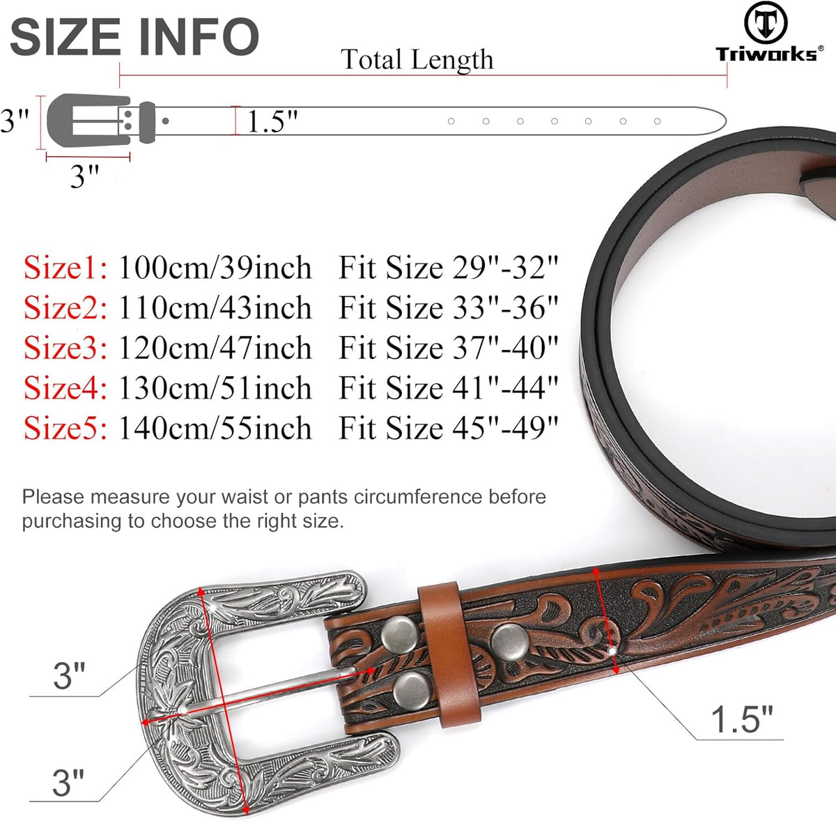 Western Belt for Women Men Cowgirl Cowboy Floral Engraved Tooled Leather Belt with Buckle for Jeans Pants Rodeo