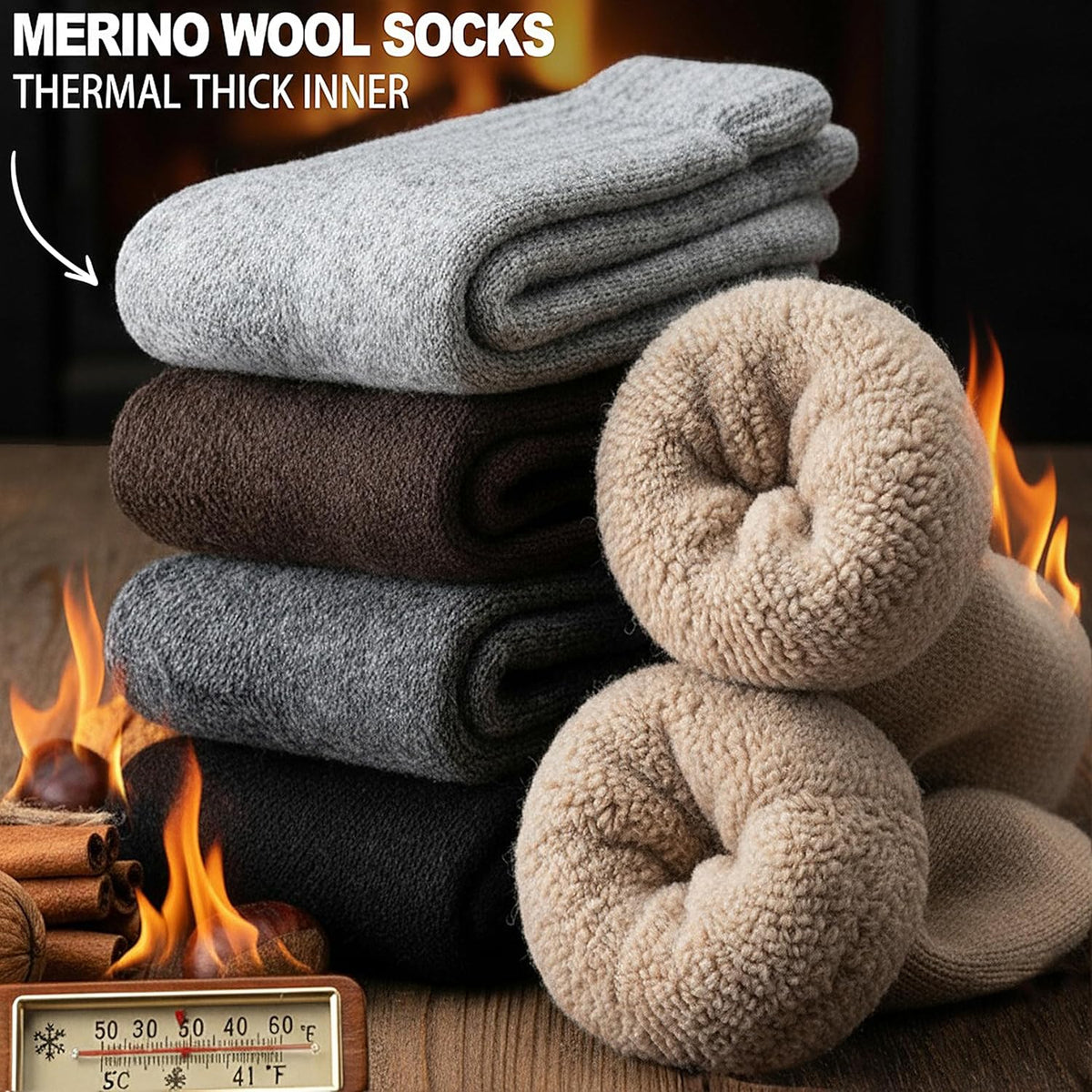 Men Merino Wool Socks Super Thick Thermal Hiking Winter Warm Boot Heavy Soft Cozy Socks for Cold Weather