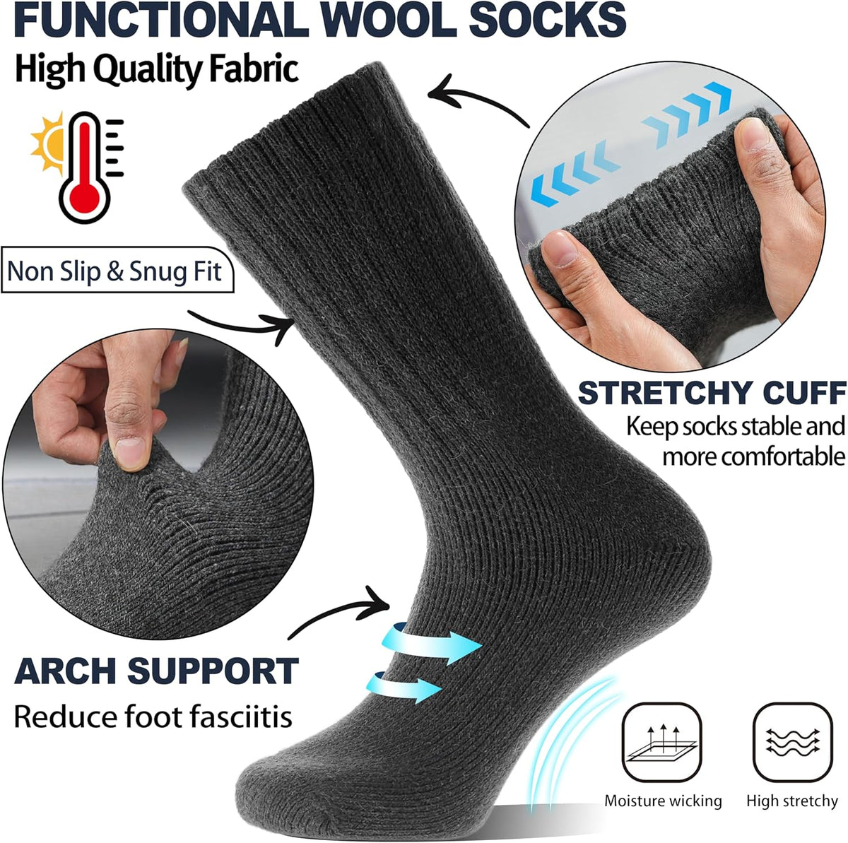 Men Merino Wool Socks Super Thick Thermal Hiking Winter Warm Boot Heavy Soft Cozy Socks for Cold Weather