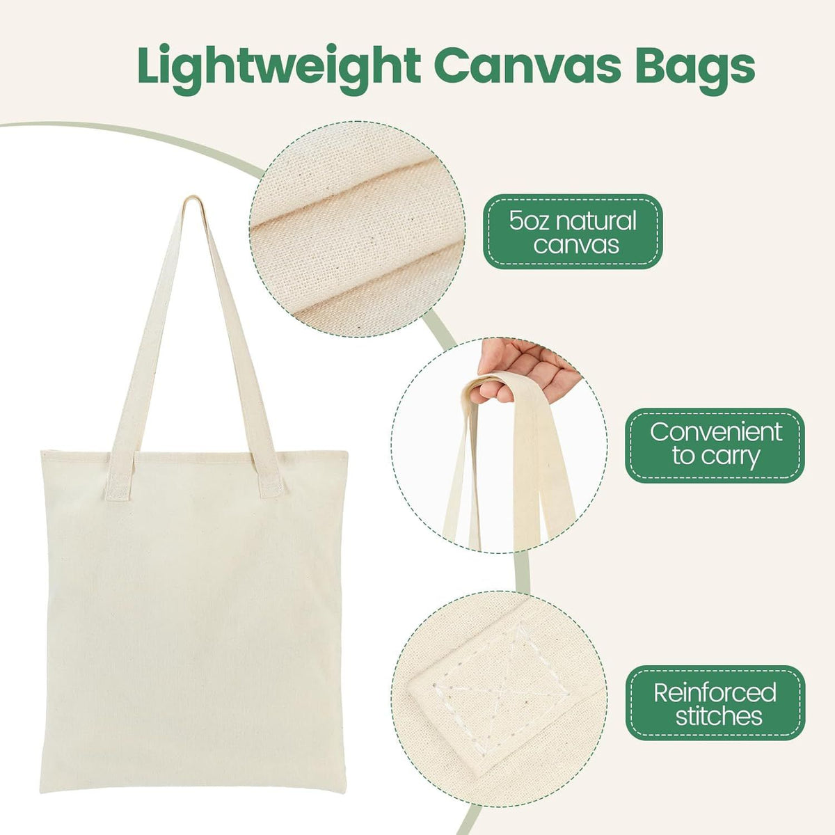 12 Pack Canvas Tote Bag - Lightweight Thin Tote Bags Bulk Blank Shopping Reusable Grocery Bags for DIY Gift Sublimation Activity - Beige