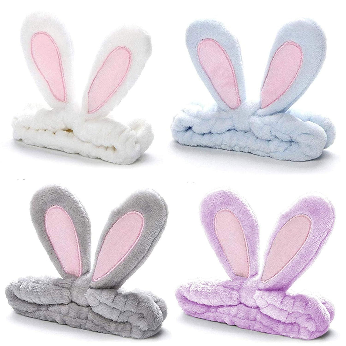 4 Pack Easter Bunny Makeup Headband Rabbit Ear Spa Hair Band Coral Fleece Elastic Head Wrap Stretchy Headband for Party Face Washing Beauty Shower Women Girls (Blue, White, Gray, Purple)