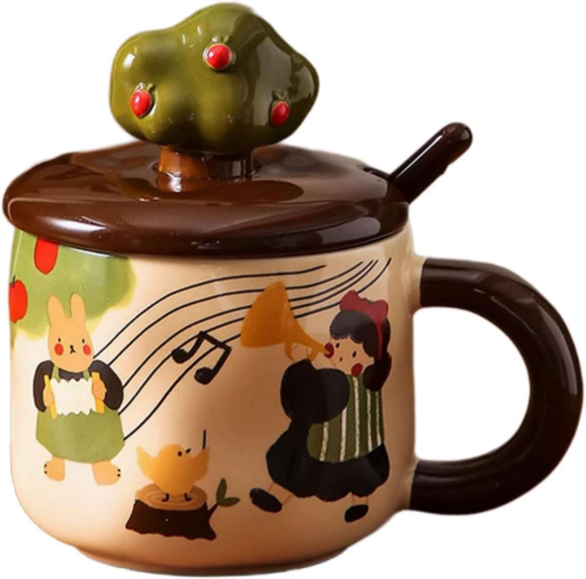 13 Oz Cute Apple Tree Girl Ceramic Coffee Mug Tea Mug with Lid and Leaf Spoon, Elegant Drinking Cup Gift for Women (Music,13 Oz)