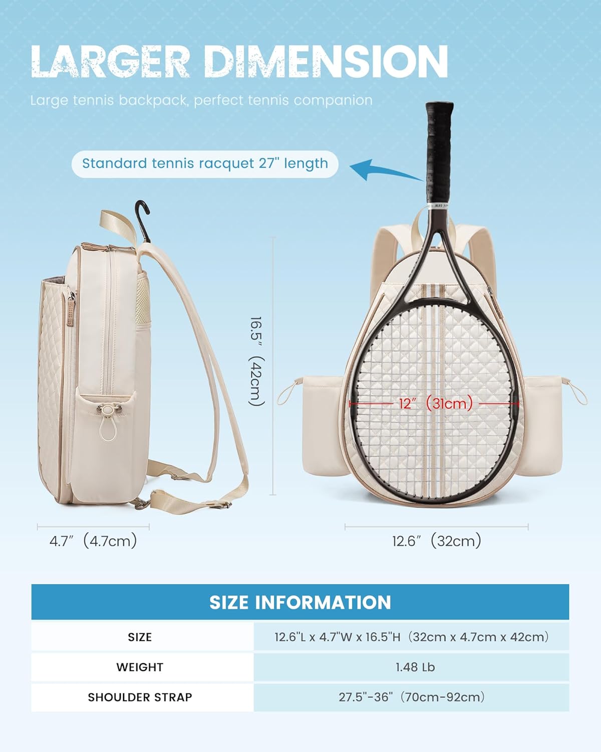 Tennis Bag, Quilted Tennis Sling Crossbody Backpack, Water Resistant Tennis Racket Bags for Women Men, Suitable for Pickleball Tennis Badminton