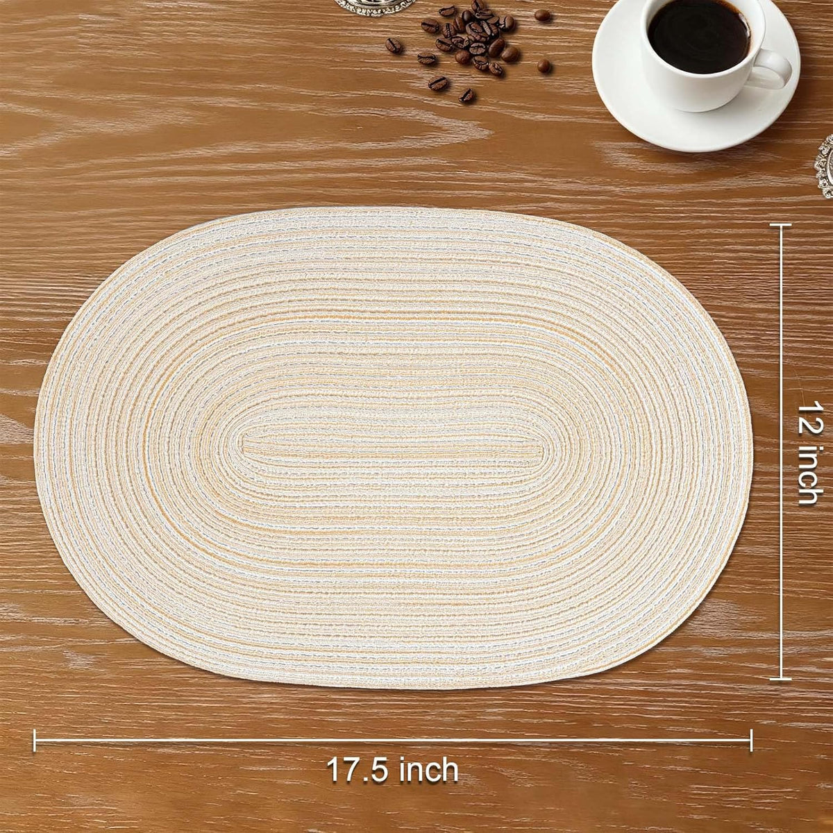 Oval Braided Placemats Set of 6 Woven 12x17.5 Inch Non Slip Washable Heat Resistant Place Mats Round Tablemats for Dining Kitchen Party Daily Table Decor Dinner Mats (Beige, 6)