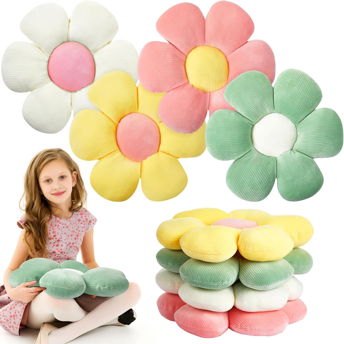 4 Pcs Flower Floor Pillows Cute Plush Flower Throw Pillows Daisy Floor Seat Cushion Chair Pads for Back to School First Day of School for Sofa Couch Bed Decor(15 Inch,Light Color)