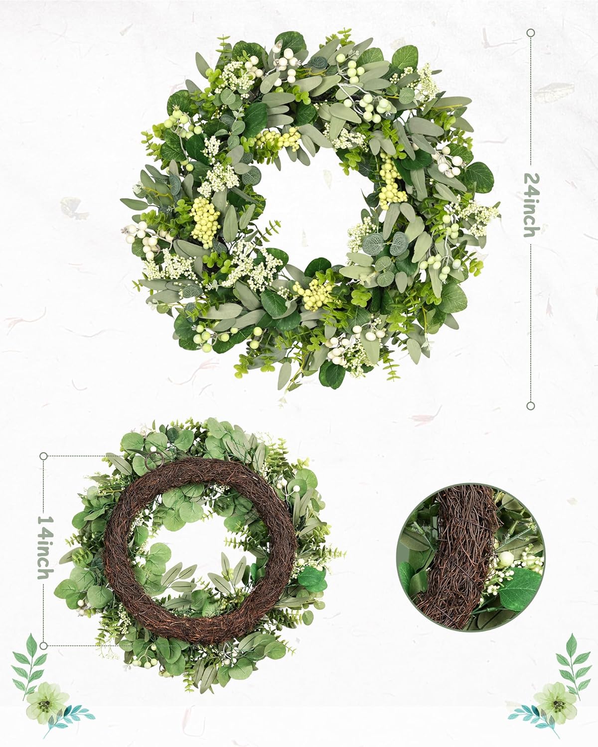 24-26 Inch Artificial Spring Summer Greenery Christmas Wreaths for Front Door Green Eucalyptus Leaf Wreath Decor Boxwood with Big Berries for Farmhouse Outside Year Round