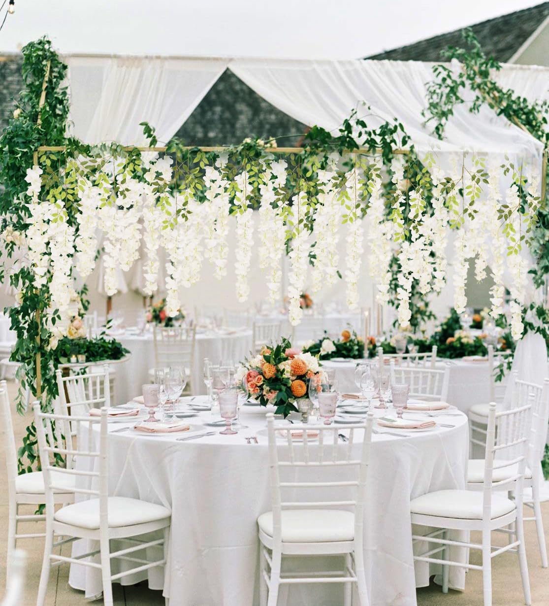 12Pack Wisteria Hanging Artificial Flowers 3.6ft Wisteria Silk Flowers Garland Fake Bushy Vine Faux Ratta String for Wedding Arch Party Garden Greenery Home Wall Backdrop Decor (Milk White)