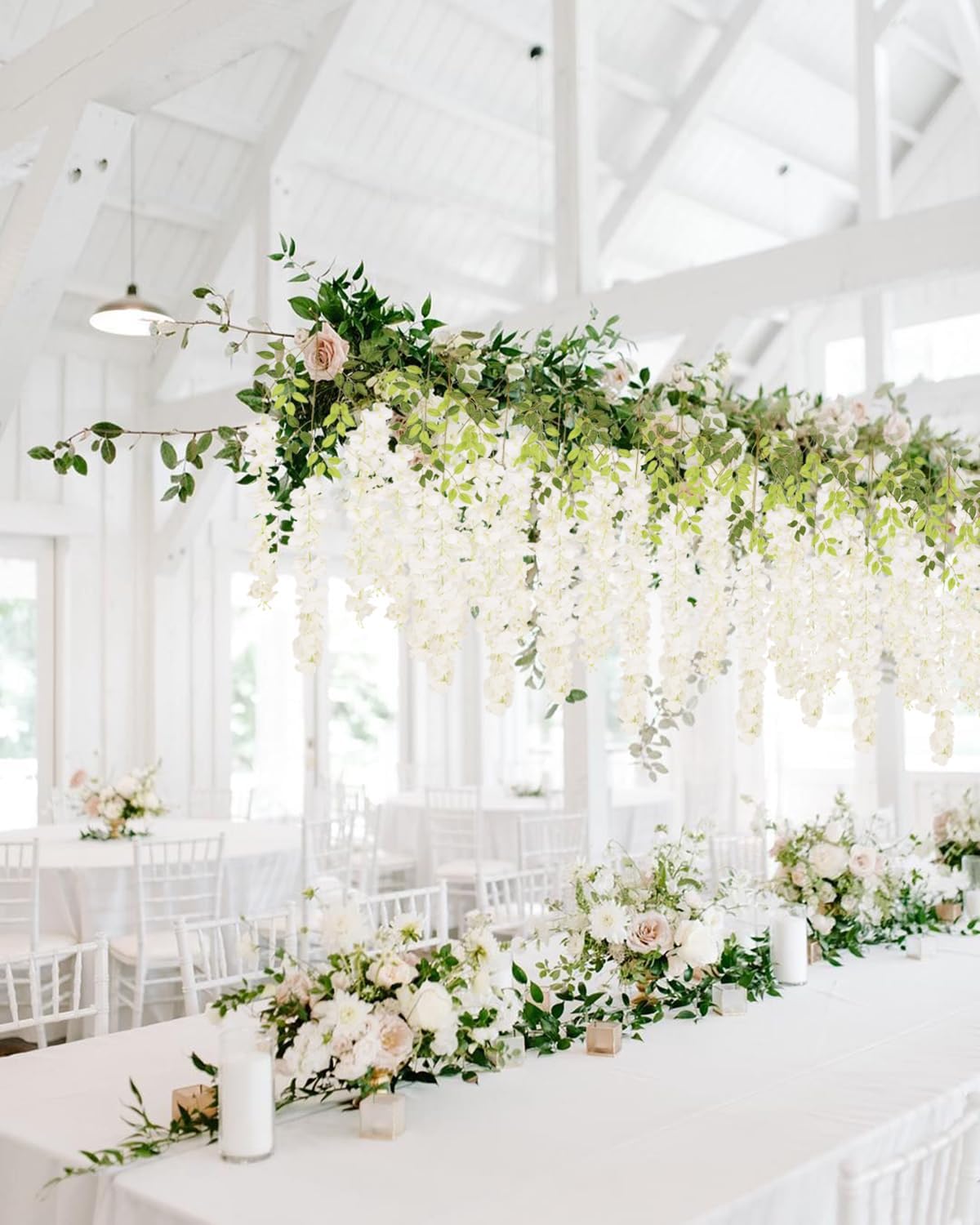 12Pack Wisteria Hanging Artificial Flowers 3.6ft Wisteria Silk Flowers Garland Fake Bushy Vine Faux Ratta String for Wedding Arch Party Garden Greenery Home Wall Backdrop Decor (Milk White)
