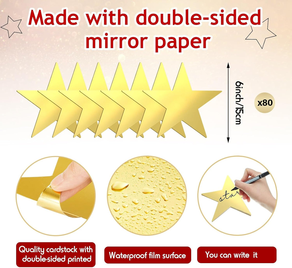 80 Pieces Stars Cutouts Glitter Double Printed Paper Cardboard Stars Decorations for Bulletin Board Classroom Wall Party Decoration Supply, 6 Inches(Gold)