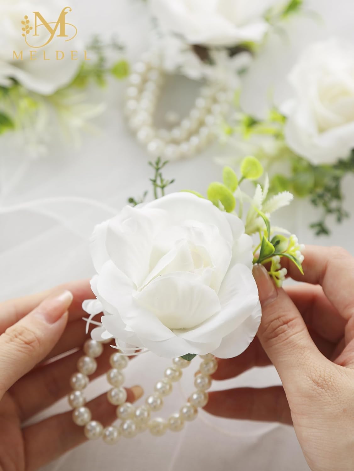 White Ivory Rose Wrist Corsage, Set of 6, Wedding Bridal Flower Corsage Hand Decor for Prom Party Homecoming, Wristband Flowers Bride, Bridesmaid, Girl