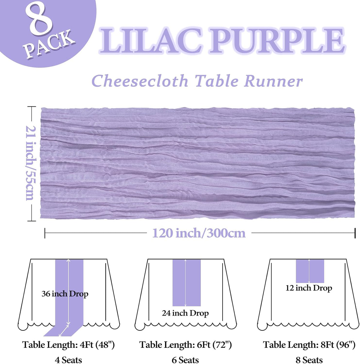 8 Pack Lilac Purple Cheesecloth Table Runner 10Ft Easter Spring Lavender Gauze Cheese Cloth Table Runner 120 Inch Boho Sheer Rustic Fabric for Holiday Decor Bridal Baby Shower Wedding Decoration
