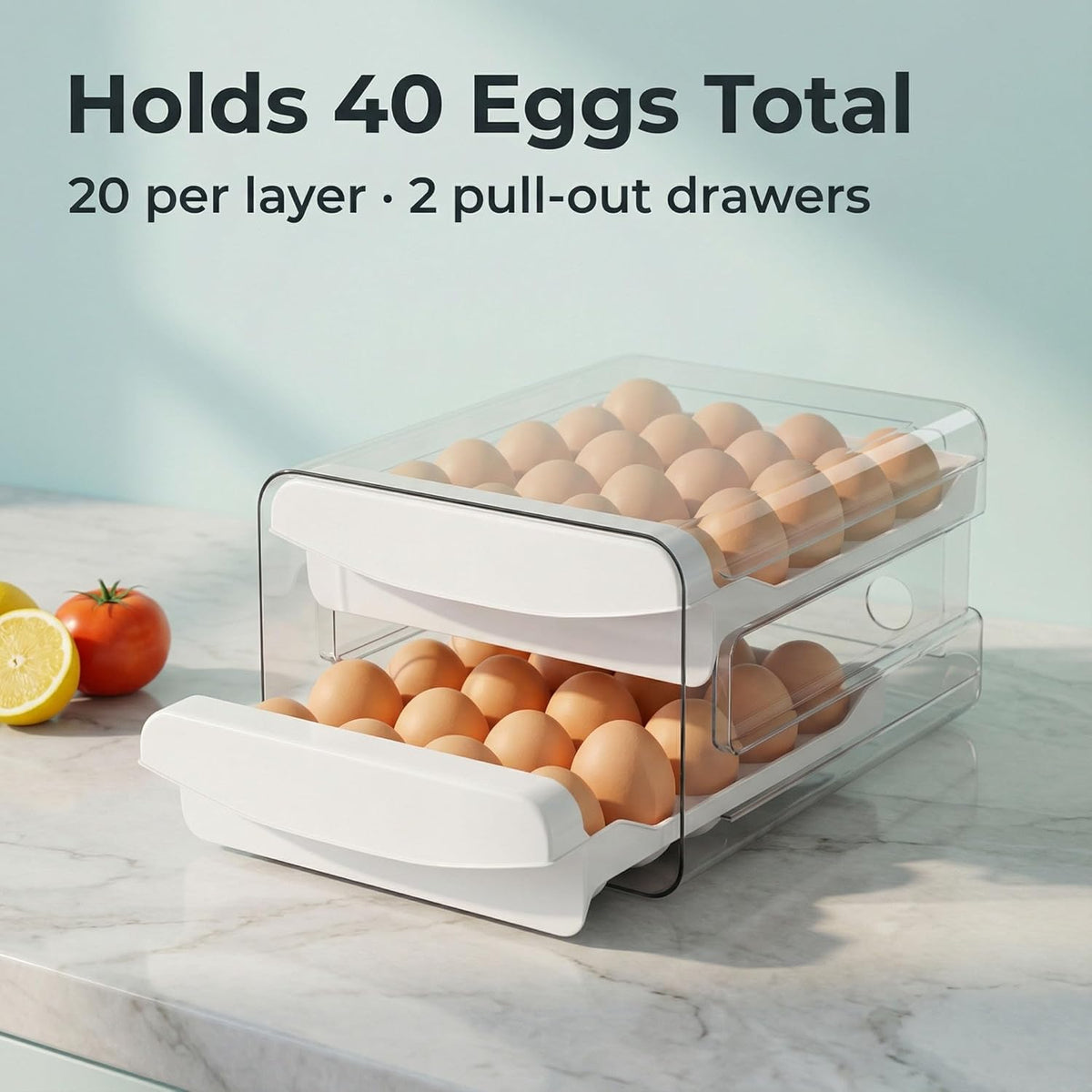 ® Egg Holder for Fridge, 2-Tier Stackable 40 Eggs Organizer Drawer for Refrigerator, Space-Saving Egg Container, Clear Plastic Egg Tray for Kitchen Storage