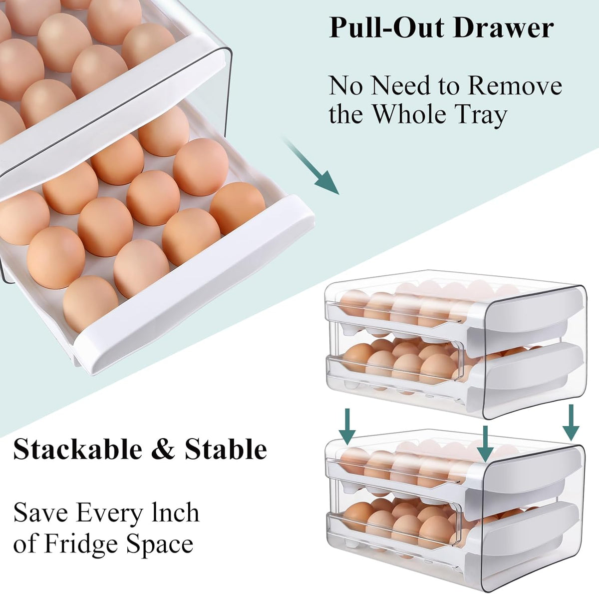 ® Egg Holder for Fridge, 2-Tier Stackable 40 Eggs Organizer Drawer for Refrigerator, Space-Saving Egg Container, Clear Plastic Egg Tray for Kitchen Storage