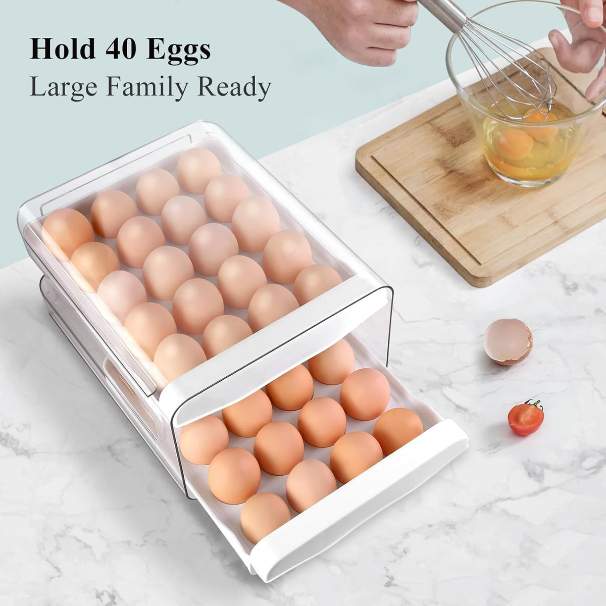 ® Egg Holder for Fridge, 2-Tier Stackable 40 Eggs Organizer Drawer for Refrigerator, Space-Saving Egg Container, Clear Plastic Egg Tray for Kitchen Storage