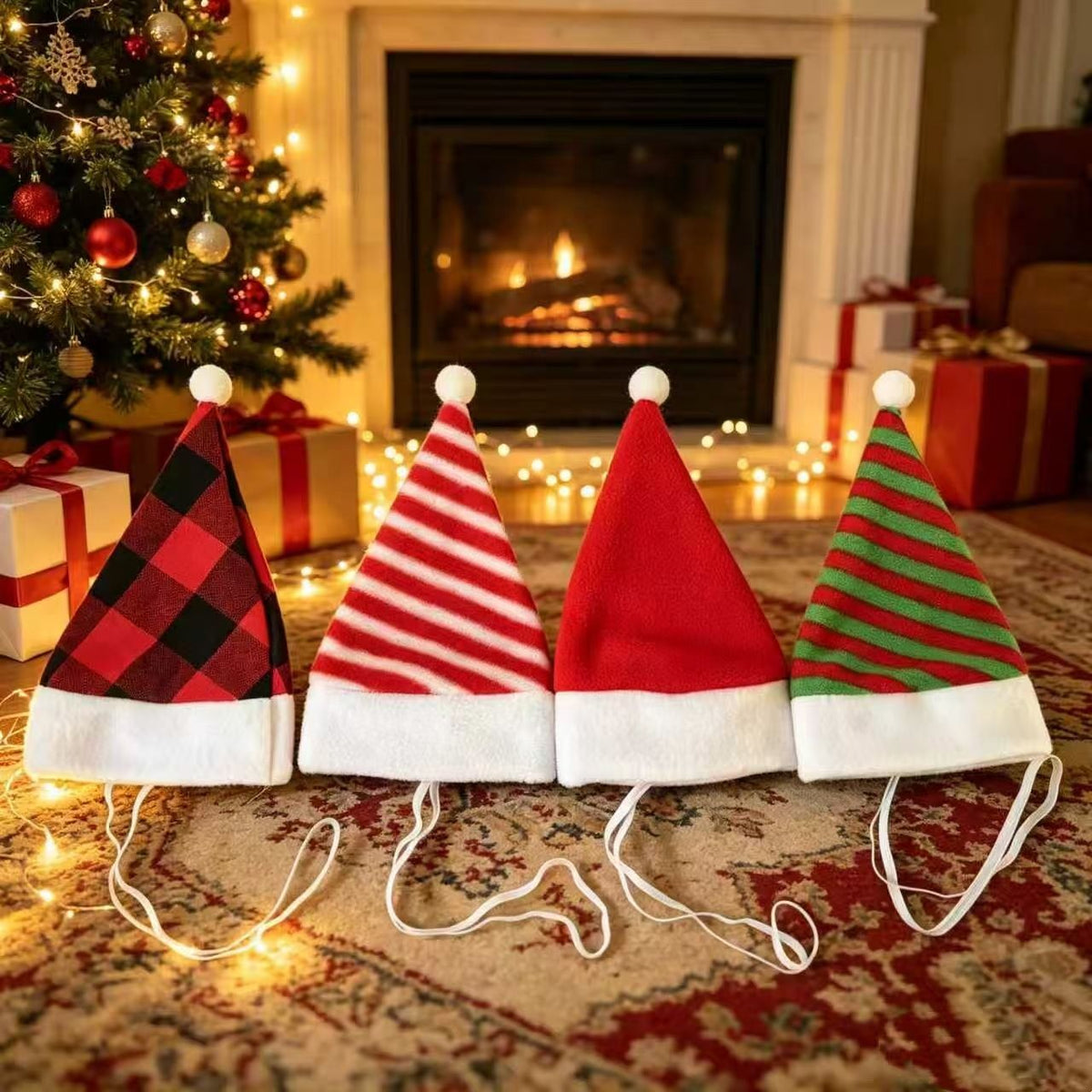 Pet Christmas Hat 4-Pack - Festive Santa Hat for Cats Dogs - Holiday Party Headwear Costume Accessory - Red Black Plaid