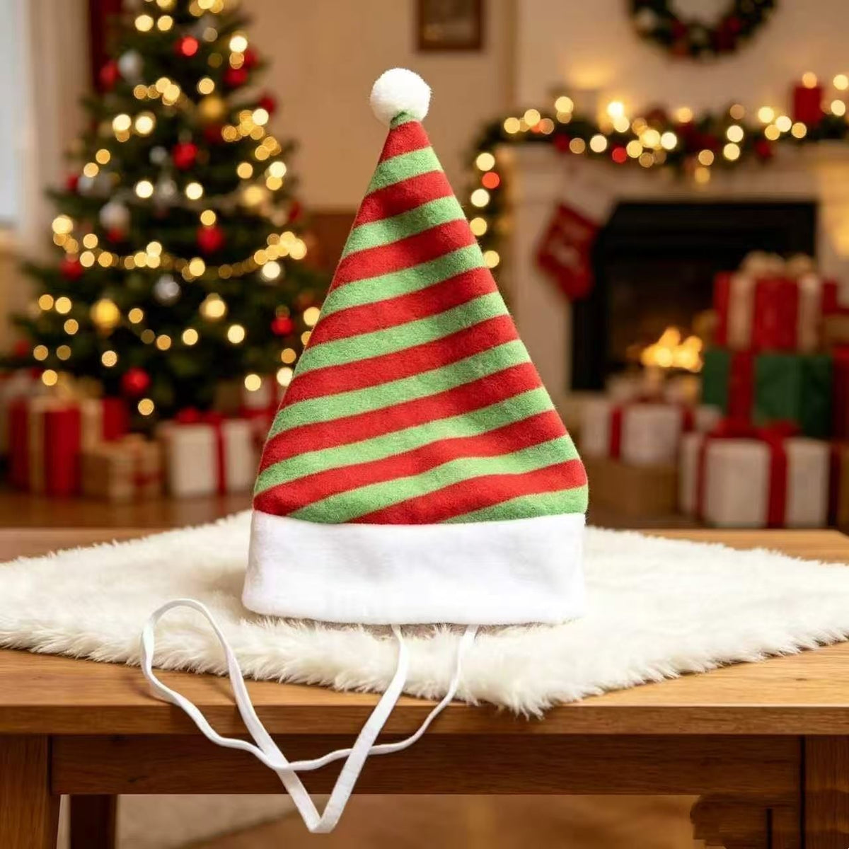 Pet Christmas Hat 4-Pack - Festive Santa Hat for Cats Dogs - Holiday Party Headwear Costume Accessory - Red Green Stripe