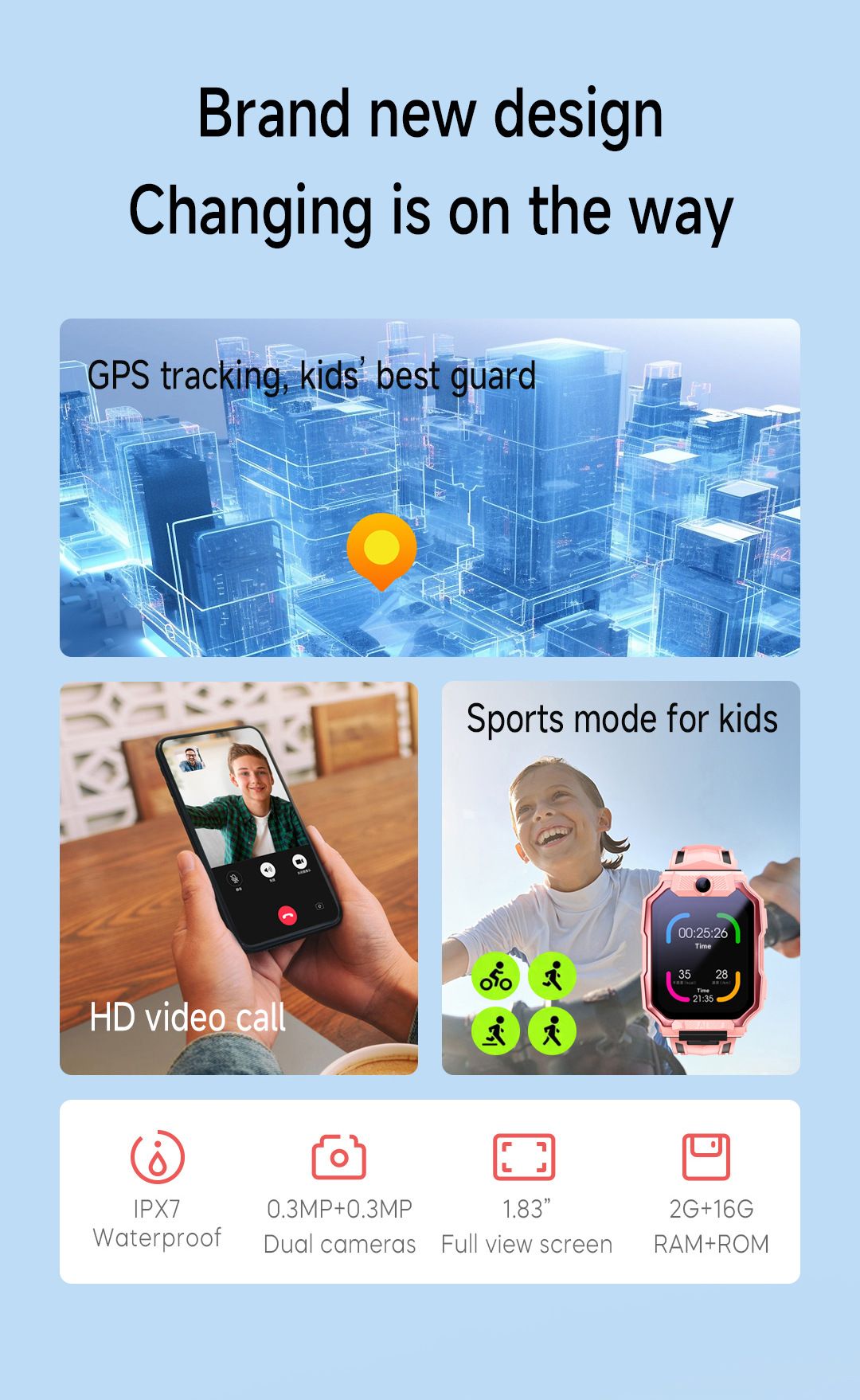 Smart Kids Phone Watch - GPS Tracker Video Call Smartwatch with AI Functions Android OS - Detachable Rotatable Camera for Students - Blue