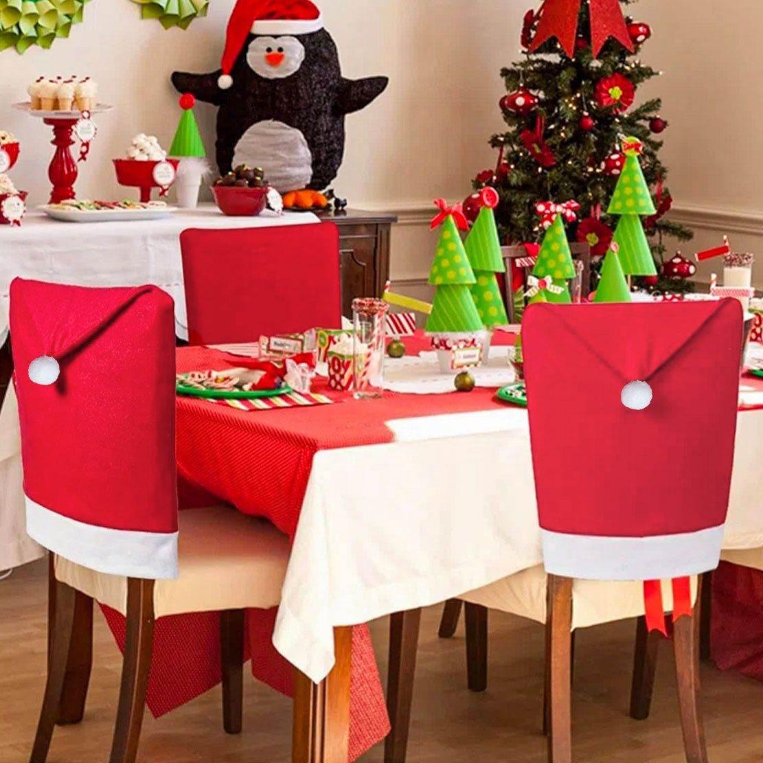 Christmas Chair Cover 6-Pack - Red Festive Dining Chair Slipcover for Holiday Party Home Decor - 60x50cm