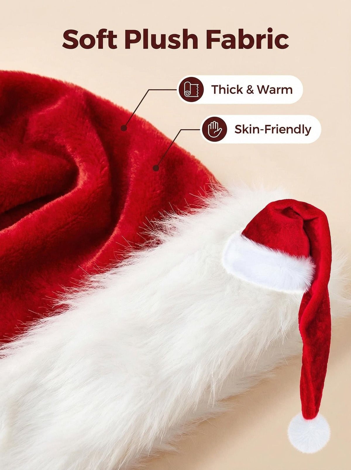 Christmas Santa Hat 2-Pack - Red Plush Long Hat for Holiday Party Decoration, Christmas Costume Accessory - 32x45cm