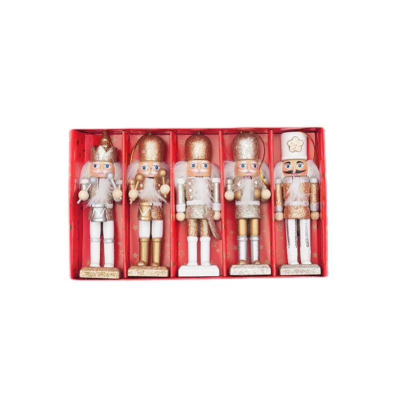5-Piece Christmas Nutcracker Ornaments Set - 13cm Gold Glitter Wooden Puppet Hanging Decorations with Gift Box - Festive Holiday Tree Pendant for Home Party Decoration