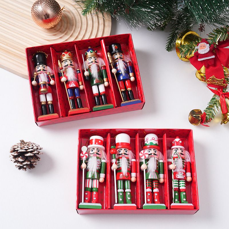4-Piece Christmas Nutcracker Soldier Set - 12.5cm Wooden Puppet Ornaments with Gift Box - Green 5812