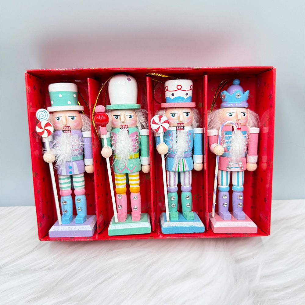 4-Piece Christmas Nutcracker Soldier Set - 12.5cm Wooden Puppet Ornaments with Gift Box - Macaron 5806