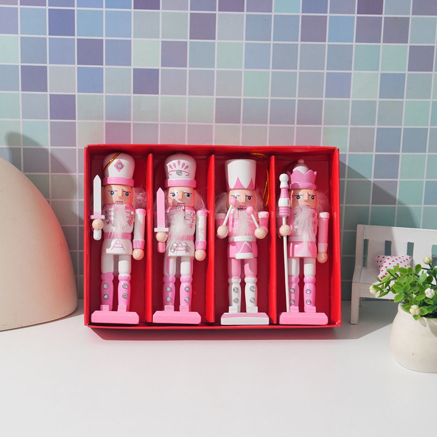 4-Piece Christmas Nutcracker Soldier Set - 12.5cm Wooden Puppet Ornaments with Gift Box - Pink 5808