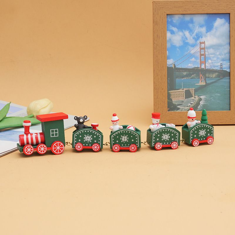 Christmas Wooden Train Ornament Set 2-Pack - 5-Piece Mini Train Decor for Tabletop Scene Layout - Green