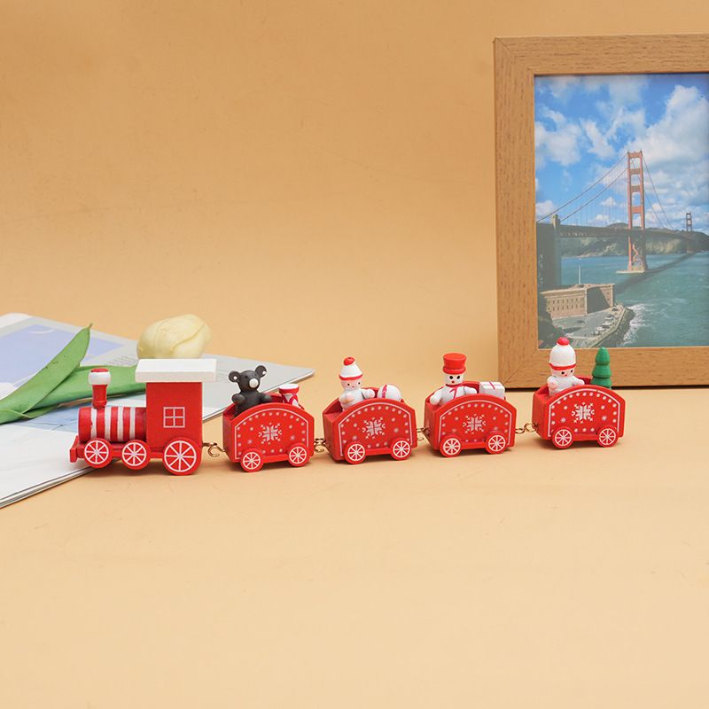 Christmas Wooden Train Ornament Set 2-Pack - 5-Piece Mini Train Decor for Tabletop Scene Layout - Red