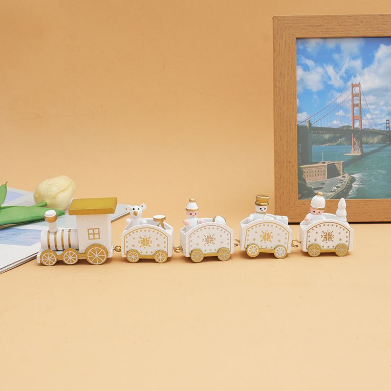 Christmas Wooden Train Ornament Set 2-Pack - 5-Piece Mini Train Decor for Tabletop Scene Layout - White
