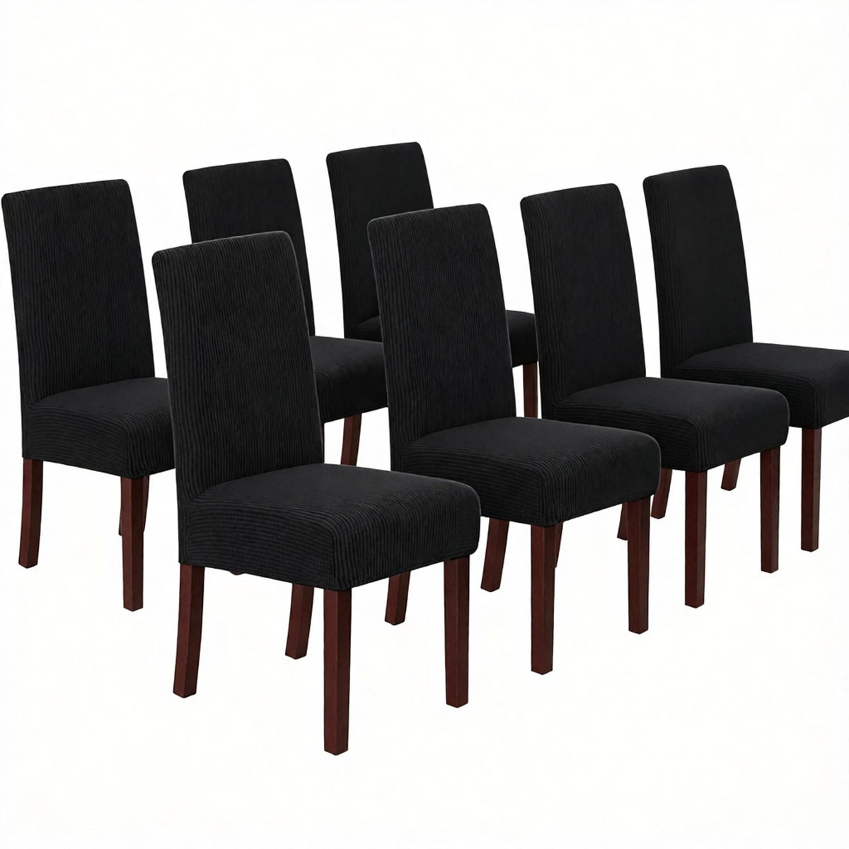 Stretch Full Cover Chair Cover 6-Pack - Waterproof Anti-Slip Elastic Seat Protector for Dining Room Hotel - Thick Warm Waffle Texture - Black (6-Pack)