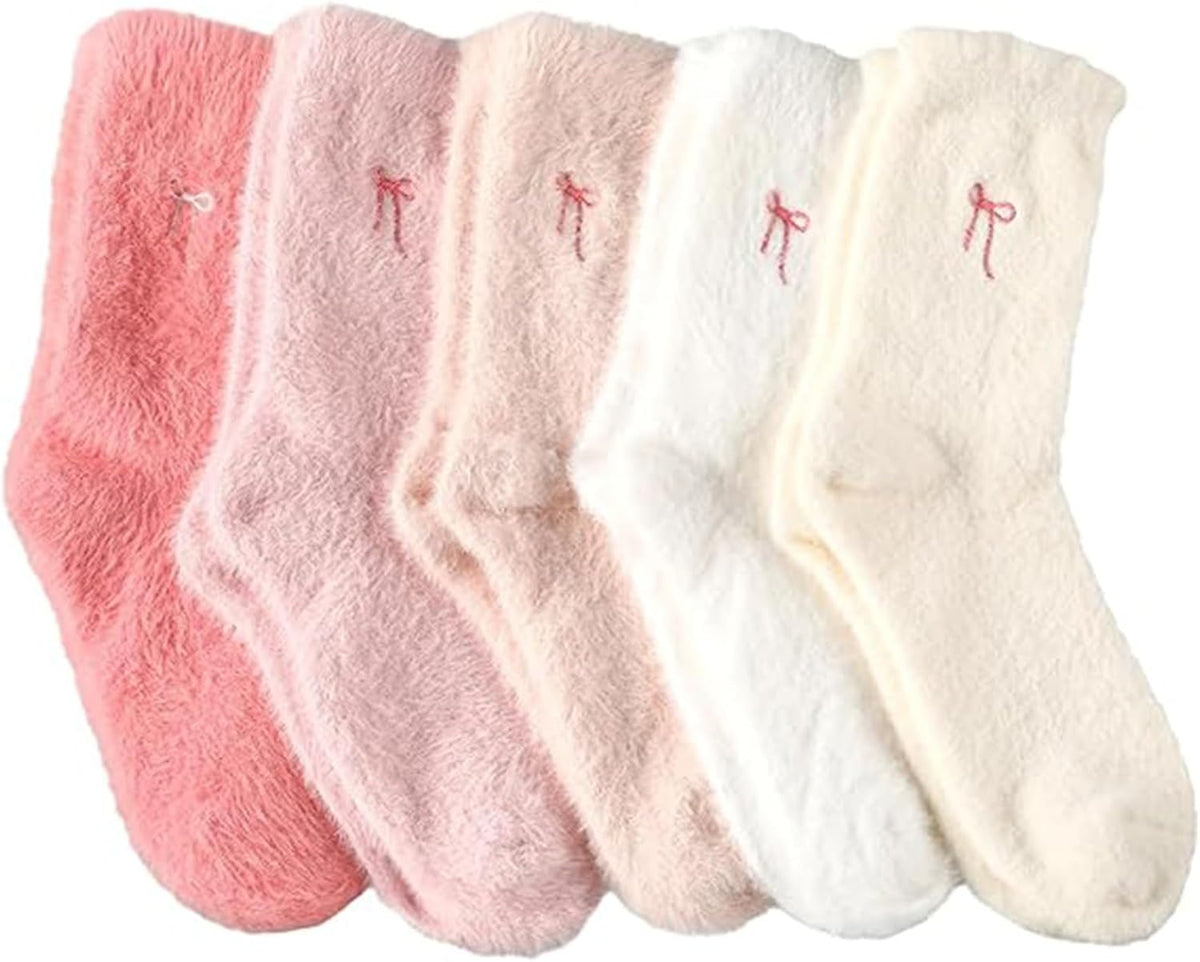 5 Pairs Fluffy Cosy Socks Ladies With Bow, Warm Winter Socks, Thick Furry For Home, Thermal Ladies, Soft Sleep