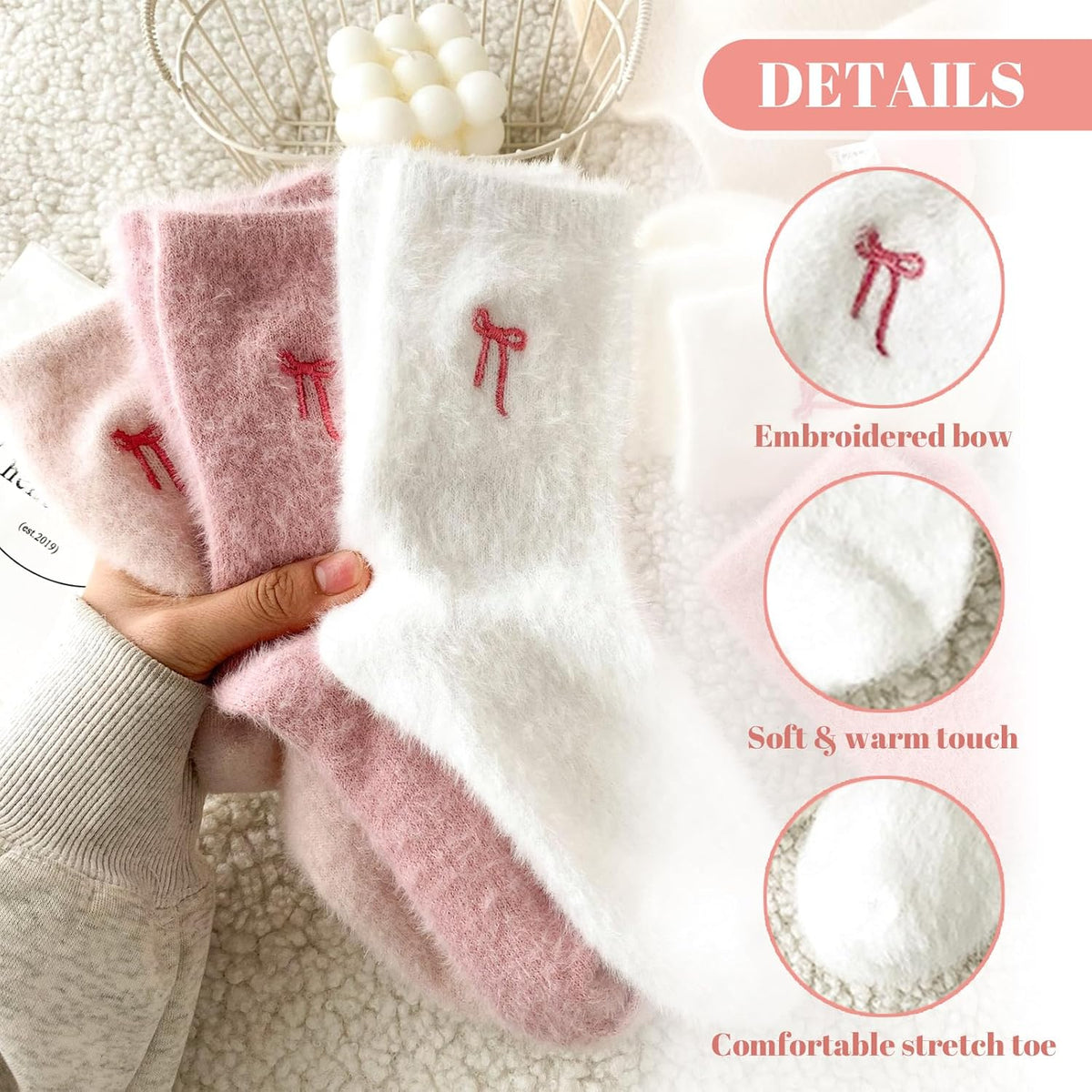 5 Pairs Fluffy Cosy Socks Ladies With Bow, Warm Winter Socks, Thick Furry For Home, Thermal Ladies, Soft Sleep