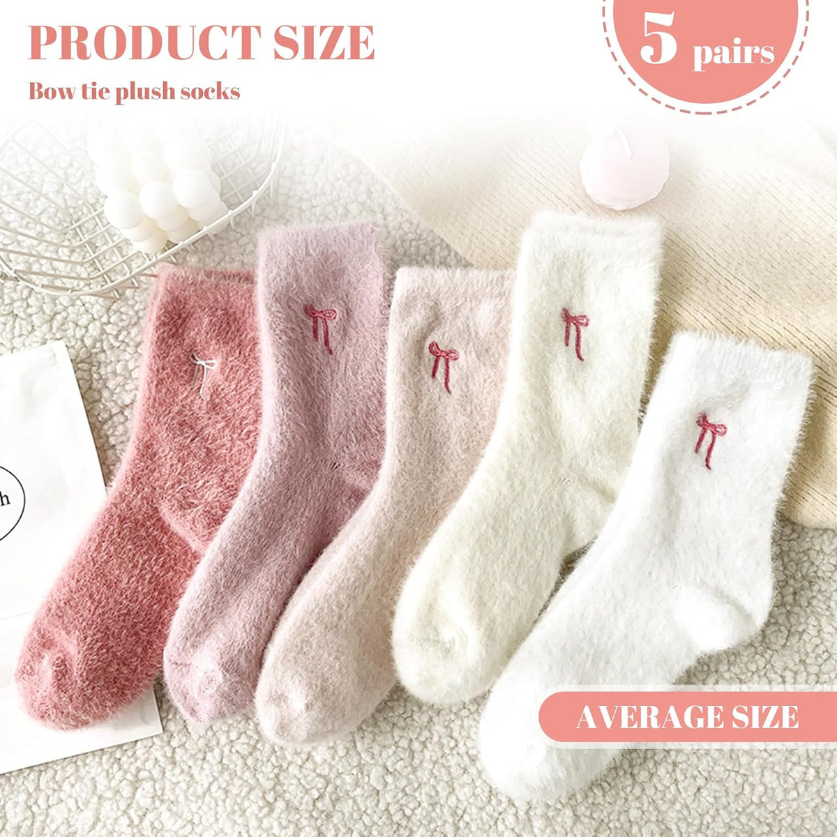 5 Pairs Fluffy Cosy Socks Ladies With Bow, Warm Winter Socks, Thick Furry For Home, Thermal Ladies, Soft Sleep